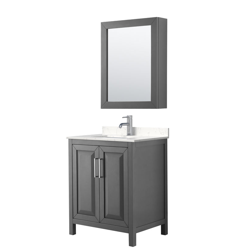 Wyndham Daria 30" Single Bathroom Vanity In Dark Gray Light-Vein Carrara Cultured Marble Countertop Undermount Square Sink And Medicine Cabinet WCV252530SKGC2UNSMED