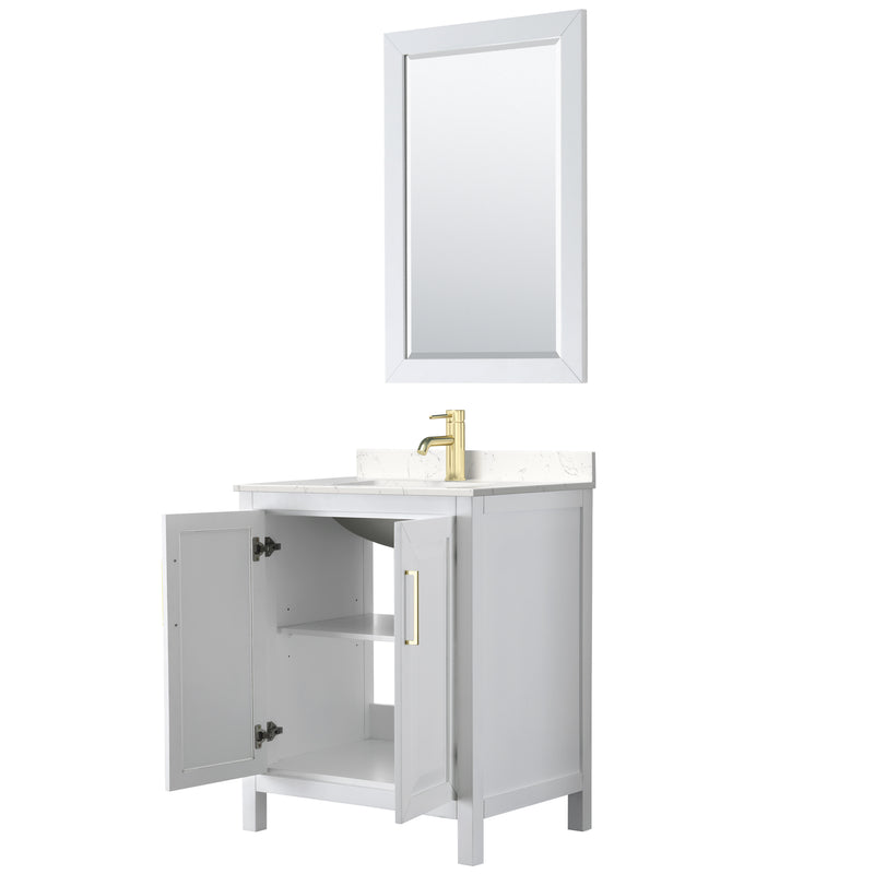 Wyndham Daria 30" Single Bathroom Vanity In White Light-Vein Carrara Cultured Marble Countertop Undermount Square Sink Brushed Gold Trims and 24" Mirror WCV252530SWGC2UNSM24