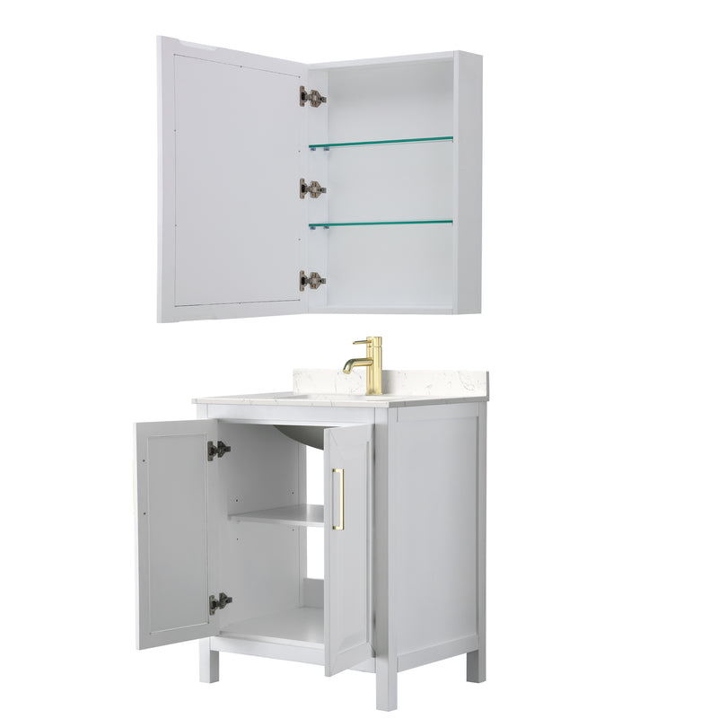 Wyndham Daria 30" Single Bathroom Vanity In White Light-Vein Carrara Cultured Marble Countertop Undermount Square Sink Brushed Gold Trims and Medicine Cabinet WCV252530SWGC2UNSMED