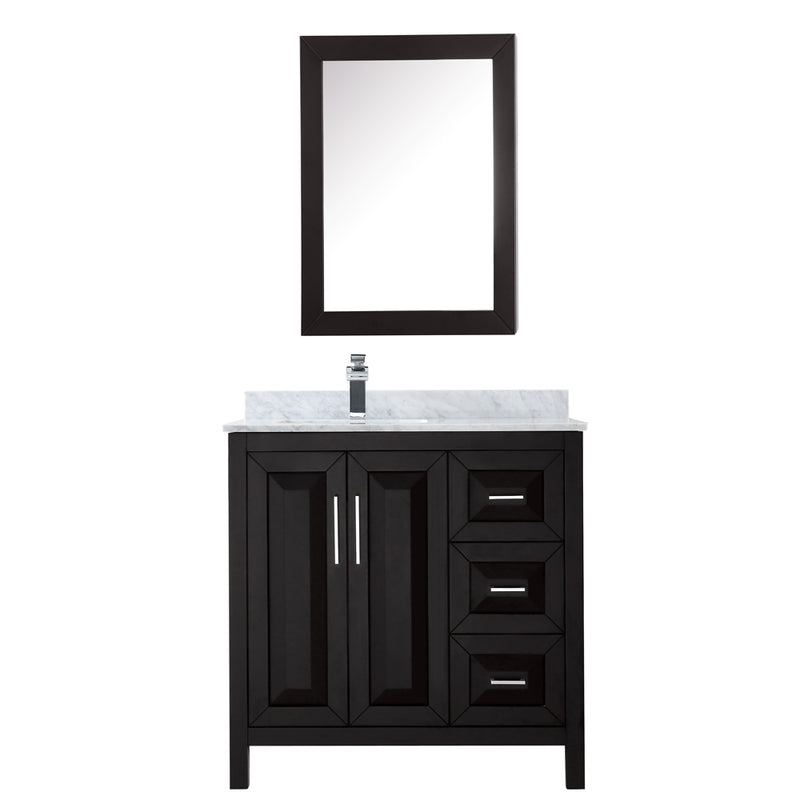 Wyndham Daria 36" Single Bathroom Vanity In Dark Espresso White Carrara Marble Countertop Undermount Square Sink and Medicine Cabinet WCV252536SDECMUNSMED