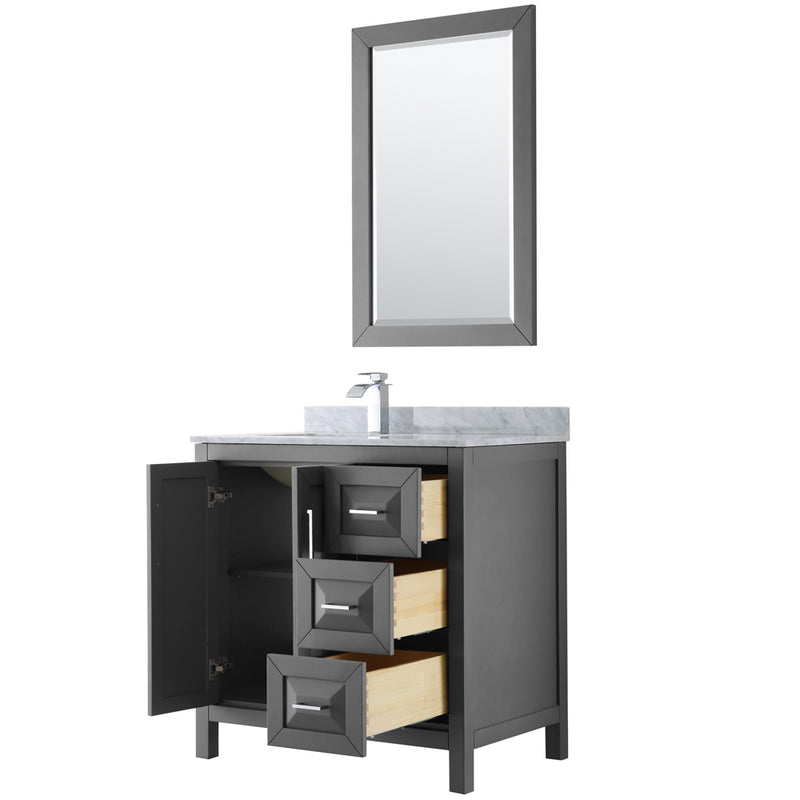 Wyndham Daria 36" Single Bathroom Vanity In Dark Gray White Carrara Marble Countertop Undermount Square Sink and 24" Mirror WCV252536SKGCMUNSM24