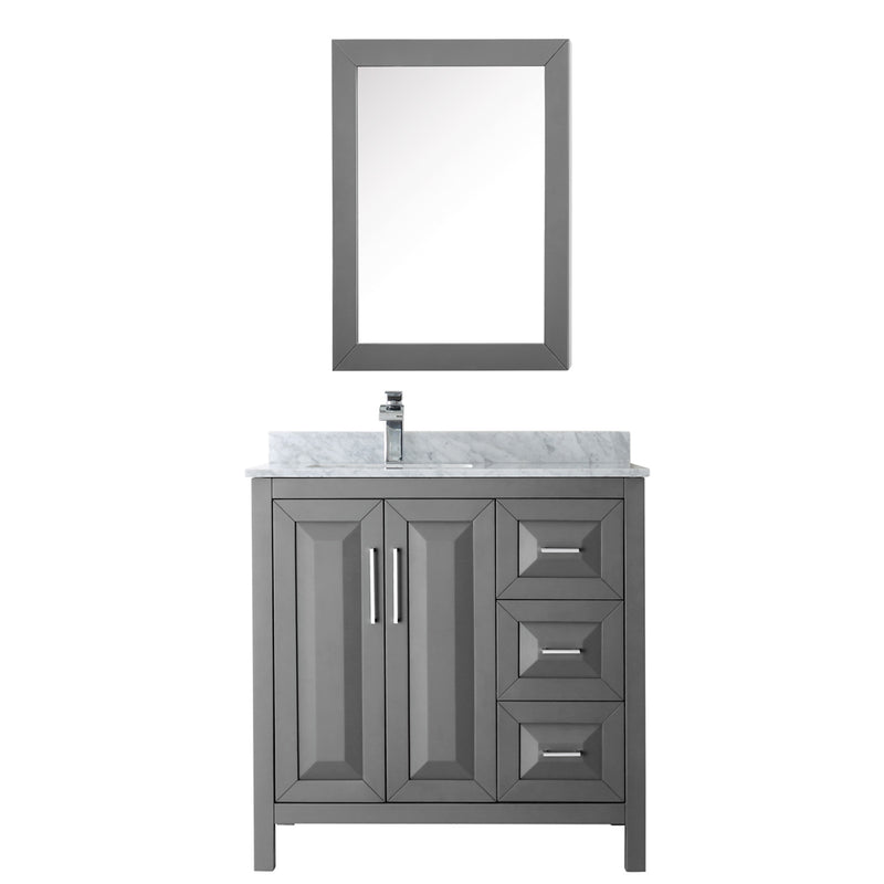 Wyndham Daria 36" Single Bathroom Vanity In Dark Gray White Carrara Marble Countertop Undermount Square Sink and Medicine Cabinet WCV252536SKGCMUNSMED