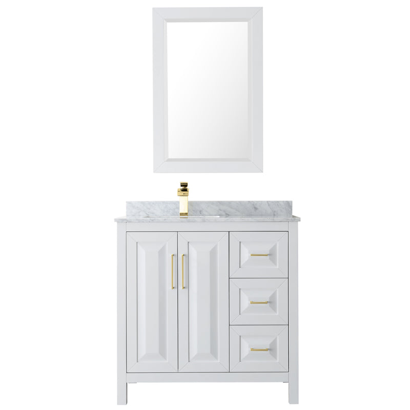 Wyndham Daria 36" Single Bathroom Vanity In White White Carrara Marble Countertop Undermount Square Sink Brushed Gold Trims and 24" Mirror WCV252536SWGCMUNSM24