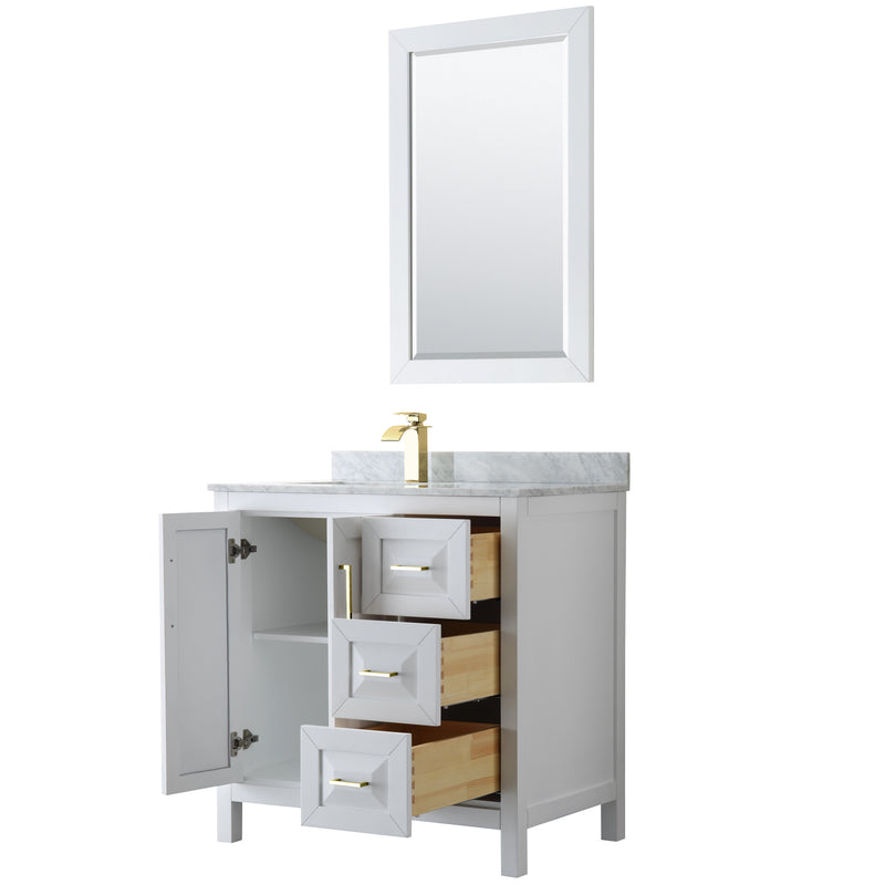 Wyndham Daria 36" Single Bathroom Vanity In White White Carrara Marble Countertop Undermount Square Sink Brushed Gold Trims and 24" Mirror WCV252536SWGCMUNSM24