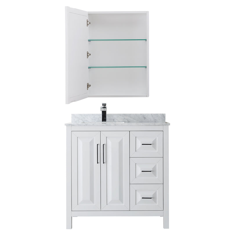 Wyndham Daria 36" Single Bathroom Vanity In White White Carrara Marble Countertop Undermount Square Sink and Medicine Cabinet WCV252536SWHCMUNSMED