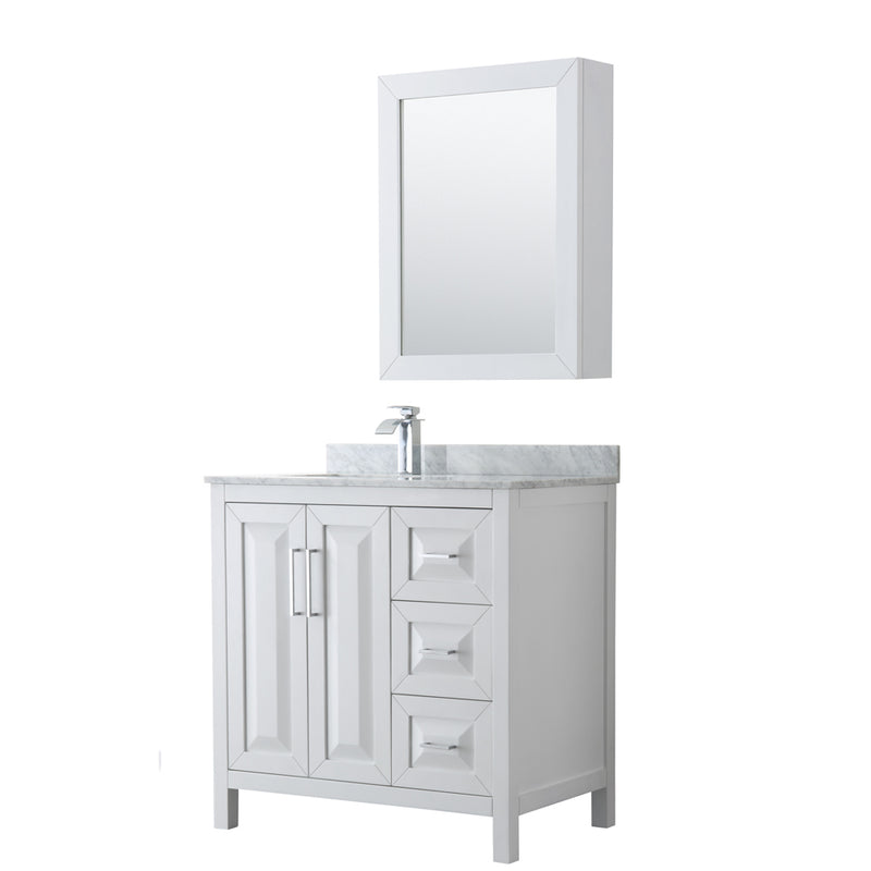 Wyndham Daria 36" Single Bathroom Vanity In White White Carrara Marble Countertop Undermount Square Sink And Medicine Cabinet WCV252536SWHCMUNSMED