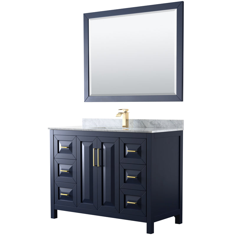 Wyndham Daria 48" Single Bathroom Vanity In Dark Blue White Carrara Marble Countertop Undermount Square Sink And 46" Mirror WCV252548SBLCMUNSM46