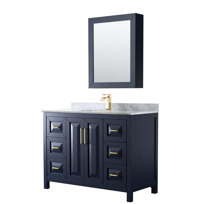 Wyndham Daria 48" Single Bathroom Vanity In Dark Blue White Carrara Marble Countertop Undermount Square Sink And Medicine Cabinet WCV252548SBLCMUNSMED