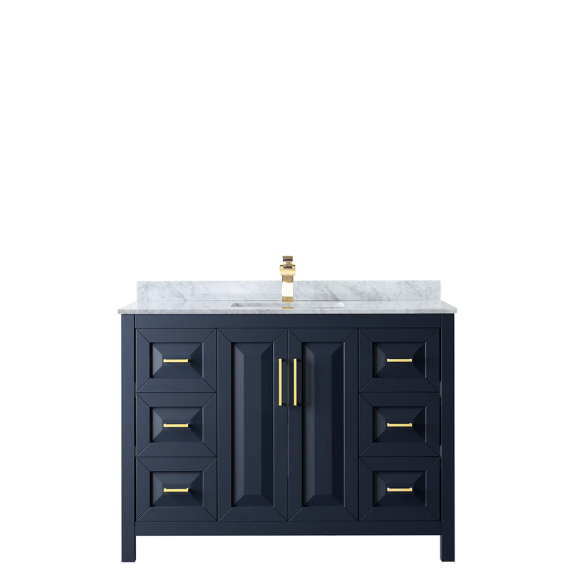 Wyndham Daria 48" Single Bathroom Vanity In Dark Blue White Carrara Marble Countertop Undermount Square Sink and No Mirror WCV252548SBLCMUNSMXX