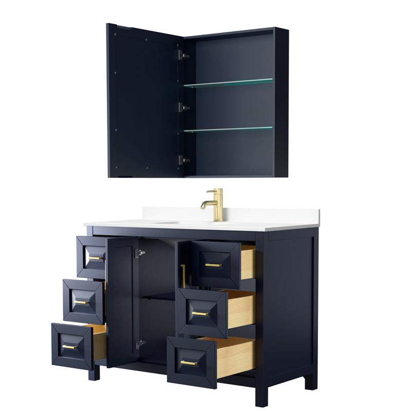 Wyndham Daria 48" Single Bathroom Vanity In Dark Blue White Cultured Marble Countertop Undermount Square Sink and Medicine Cabinet WCV252548SBLWCUNSMED