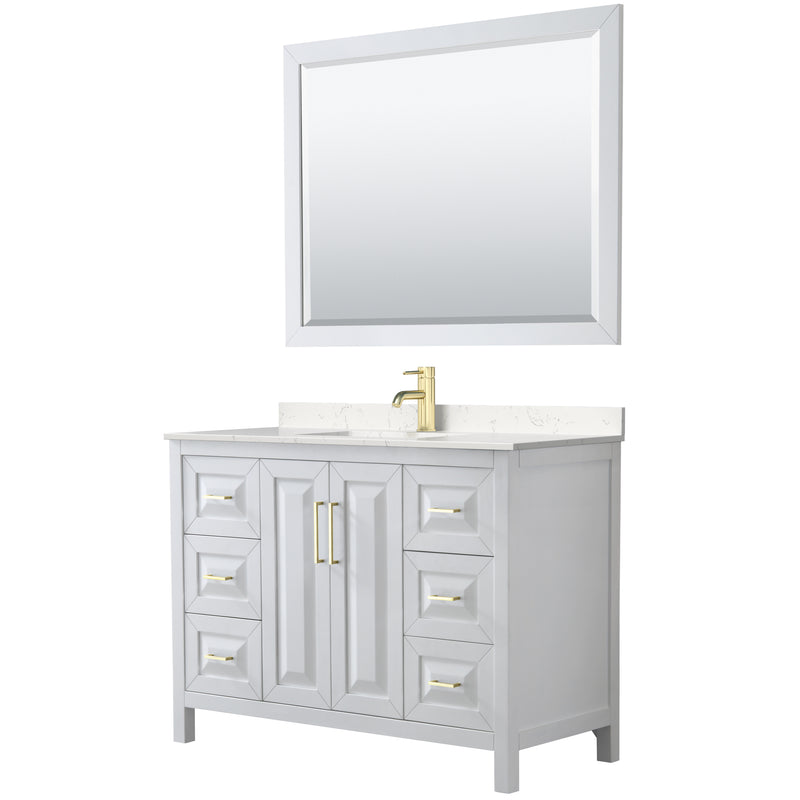 Wyndham Daria 48" Single Bathroom Vanity In White Light-Vein Carrara Cultured Marble Countertop Undermount Square Sink Brushed Gold Trims And 46" Mirror WCV252548SWGC2UNSM46