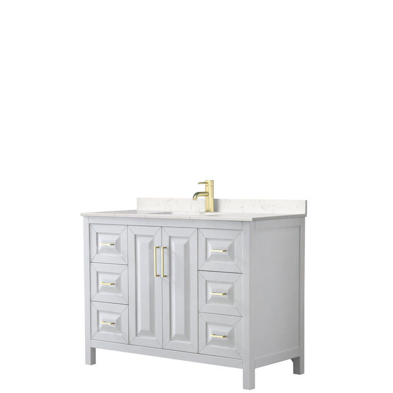 Wyndham Daria 48" Single Bathroom Vanity In White Light-Vein Carrara Cultured Marble Countertop Undermount Square Sink Brushed Gold Trims And No Mirror WCV252548SWGC2UNSMXX