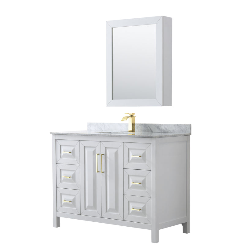 Wyndham Daria 48" Single Bathroom Vanity In White White Carrara Marble Countertop Undermount Square Sink Brushed Gold Trims And Medicine Cabinet WCV252548SWGCMUNSMED