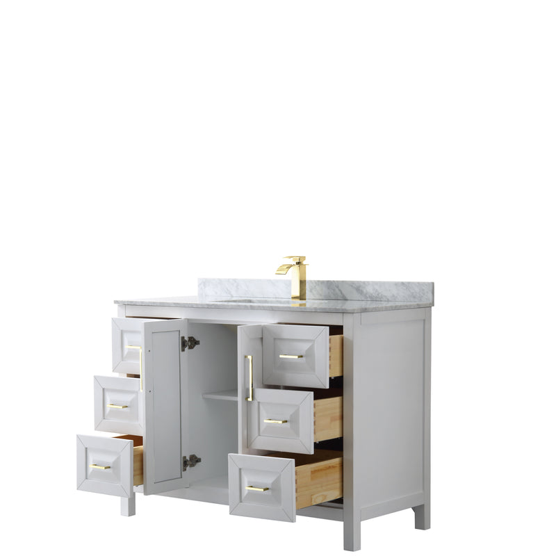 Wyndham Daria 48" Single Bathroom Vanity In White White Carrara Marble Countertop Undermount Square Sink Brushed Gold Trims and No Mirror WCV252548SWGCMUNSMXX