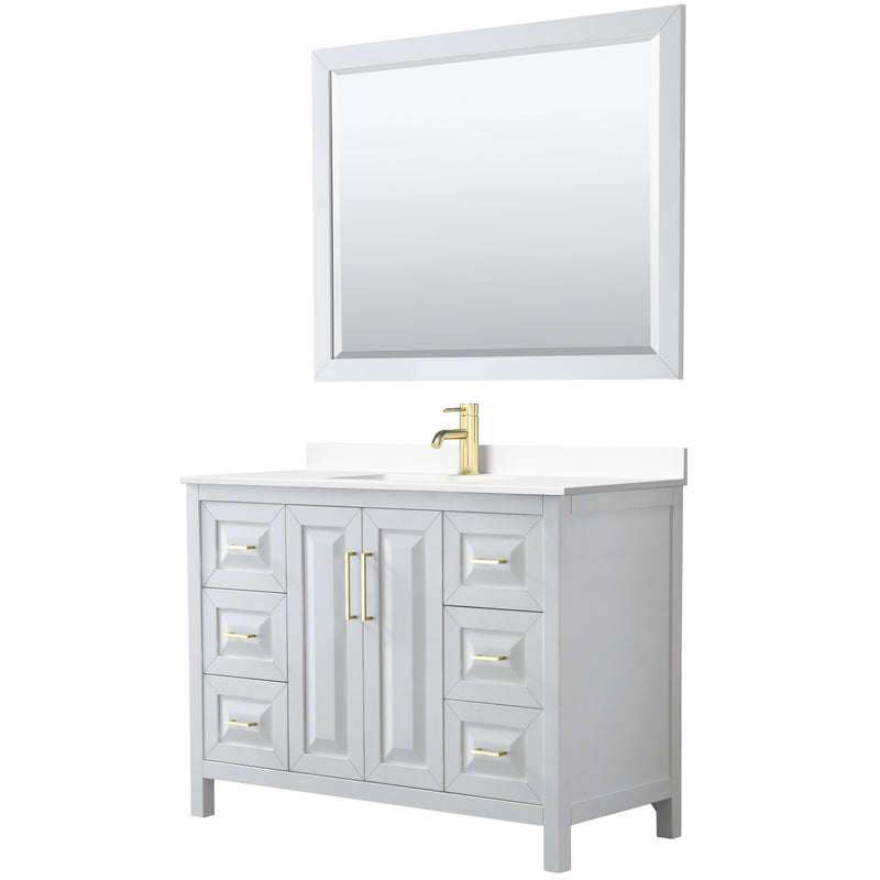 Wyndham Daria 48" Single Bathroom Vanity In White White Cultured Marble Countertop Undermount Square Sink Brushed Gold Trims And 46" Mirror WCV252548SWGWCUNSM46