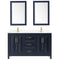 Wyndham Daria 60" Double Bathroom Vanity In Dark Blue Light-Vein Carrara Cultured Marble Countertop Undermount Square Sinks and 24" Mirrors WCV252560DBLC2UNSM24