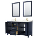 Wyndham Daria 60" Double Bathroom Vanity In Dark Blue Light-Vein Carrara Cultured Marble Countertop Undermount Square Sinks and 24" Mirrors WCV252560DBLC2UNSM24