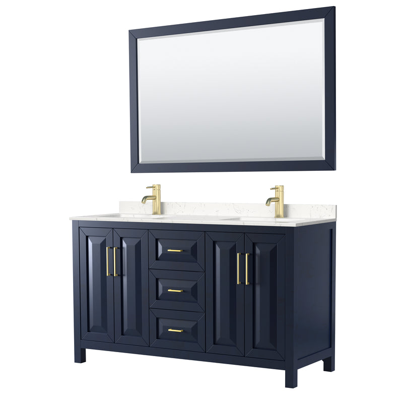 Wyndham Daria 60" Double Bathroom Vanity In Dark Blue Light-Vein Carrara Cultured Marble Countertop Undermount Square Sinks And 58" Mirror WCV252560DBLC2UNSM58