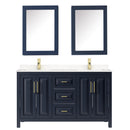 Wyndham Daria 60" Double Bathroom Vanity In Dark Blue Light-Vein Carrara Cultured Marble Countertop Undermount Square Sinks and Medicine Cabinets WCV252560DBLC2UNSMED