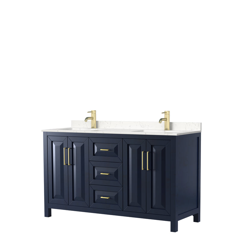 Wyndham Daria 60" Double Bathroom Vanity In Dark Blue Light-Vein Carrara Cultured Marble Countertop Undermount Square Sinks And No Mirror WCV252560DBLC2UNSMXX