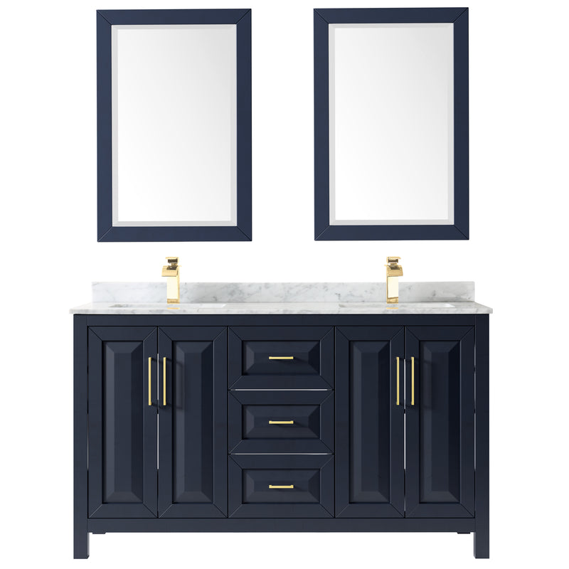 Wyndham Daria 60" Double Bathroom Vanity In Dark Blue White Carrara Marble Countertop Undermount Square Sinks and 24" Mirrors WCV252560DBLCMUNSM24