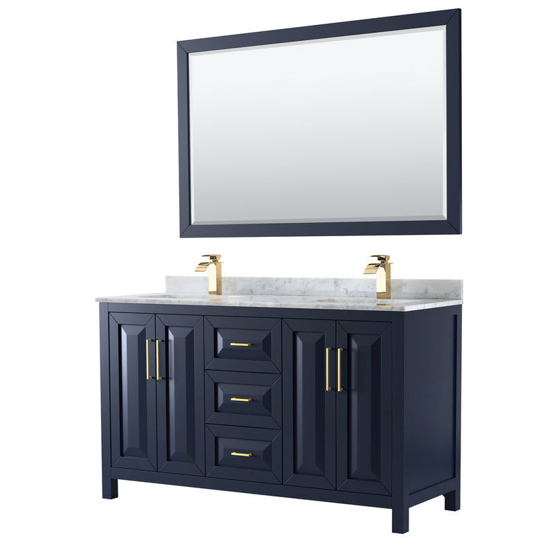 Wyndham Daria 60" Double Bathroom Vanity In Dark Blue White Carrara Marble Countertop Undermount Square Sinks And 58" Mirror WCV252560DBLCMUNSM58