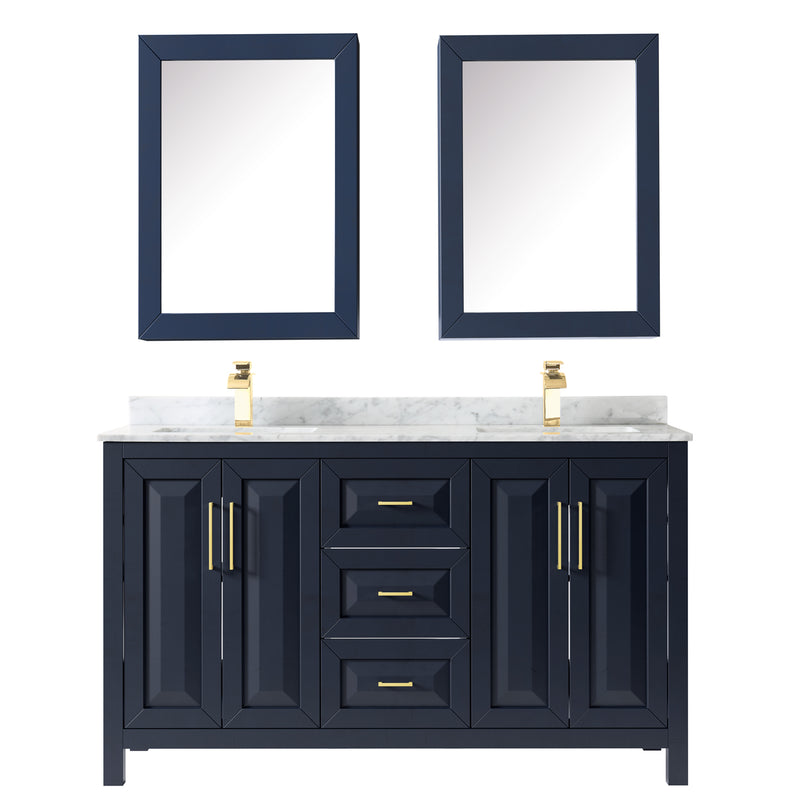 Wyndham Daria 60" Double Bathroom Vanity In Dark Blue White Carrara Marble Countertop Undermount Square Sinks and Medicine Cabinets WCV252560DBLCMUNSMED