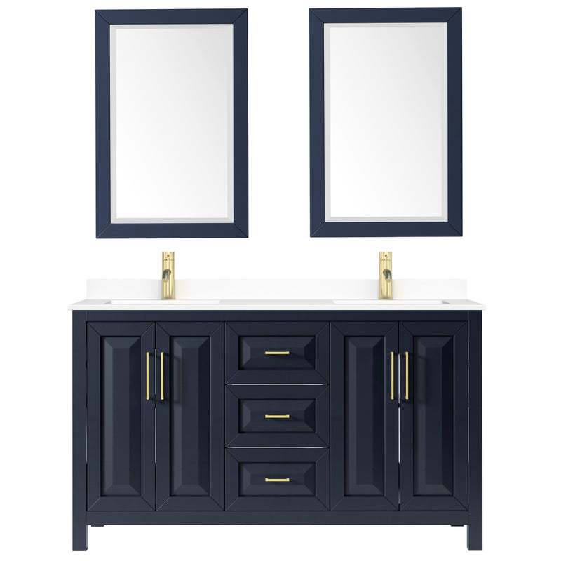 Wyndham Daria 60" Double Bathroom Vanity In Dark Blue White Cultured Marble Countertop Undermount Square Sinks and 24" Mirrors WCV252560DBLWCUNSM24