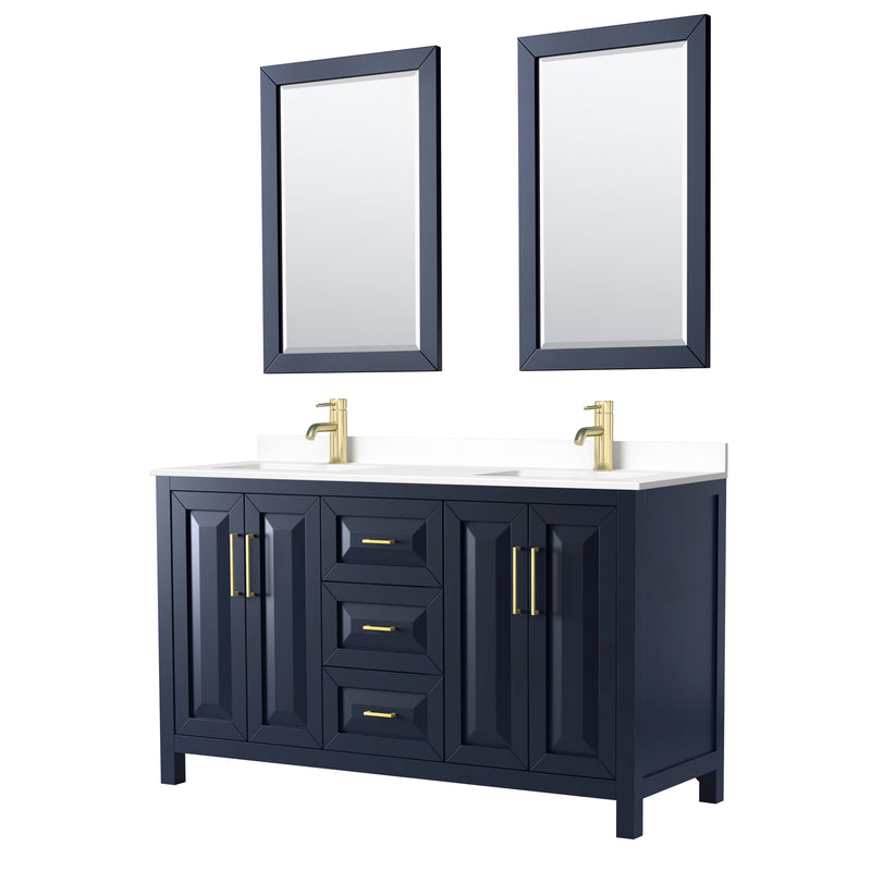 Wyndham Daria 60" Double Bathroom Vanity In Dark Blue White Cultured Marble Countertop Undermount Square Sinks And 24" Mirrors WCV252560DBLWCUNSM24