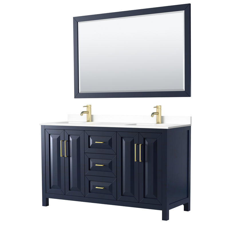 Wyndham Daria 60" Double Bathroom Vanity In Dark Blue White Cultured Marble Countertop Undermount Square Sinks And 58" Mirror WCV252560DBLWCUNSM58