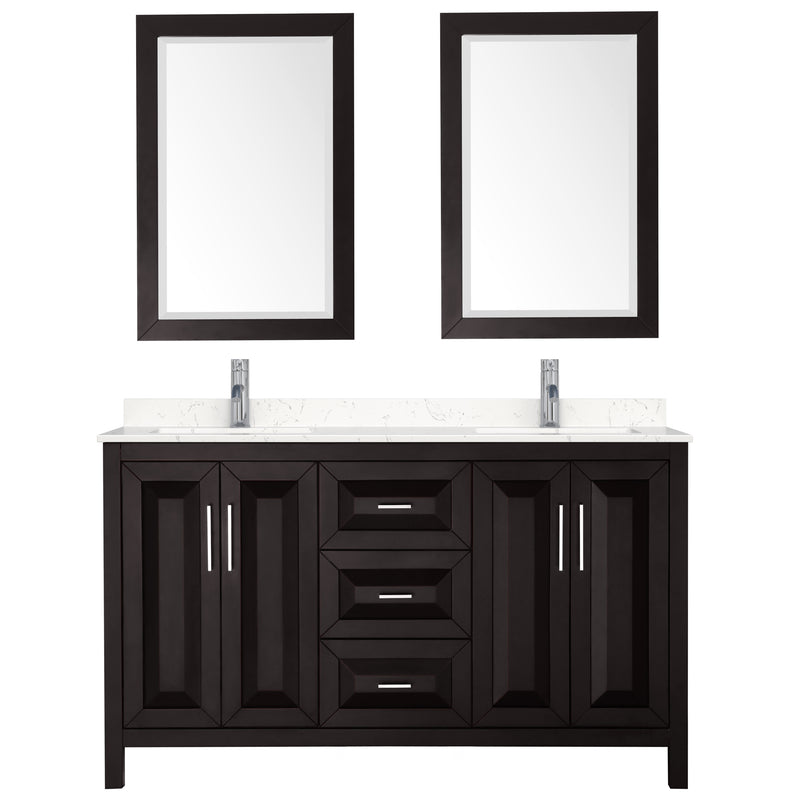 Wyndham Daria 60" Double Bathroom Vanity In Dark Espresso Light-Vein Carrara Cultured Marble Countertop Undermount Square Sinks and 24" Mirrors WCV252560DDEC2UNSM24