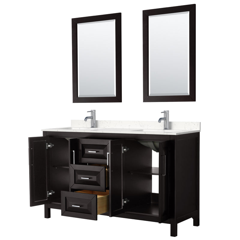 Wyndham Daria 60" Double Bathroom Vanity In Dark Espresso Light-Vein Carrara Cultured Marble Countertop Undermount Square Sinks and 24" Mirrors WCV252560DDEC2UNSM24