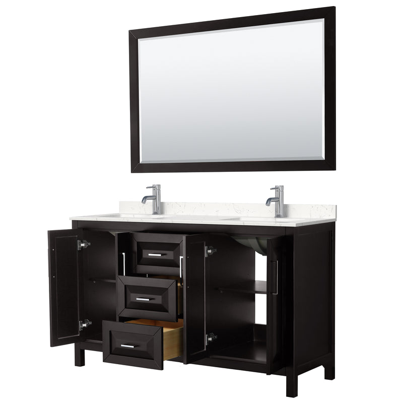 Wyndham Daria 60" Double Bathroom Vanity In Dark Espresso Light-Vein Carrara Cultured Marble Countertop Undermount Square Sinks and 58" Mirror WCV252560DDEC2UNSM58