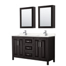 Wyndham Daria 60" Double Bathroom Vanity In Dark Espresso Light-Vein Carrara Cultured Marble Countertop Undermount Square Sinks And Medicine Cabinets WCV252560DDEC2UNSMED