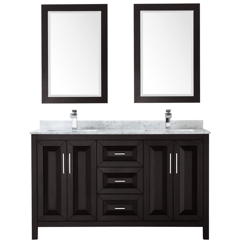 Wyndham Daria 60" Double Bathroom Vanity In Dark Espresso White Carrara Marble Countertop Undermount Square Sink and 24" Mirror WCV252560DDECMUNSM24