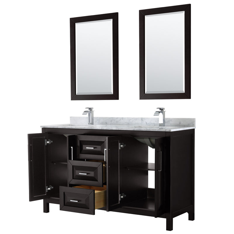 Wyndham Daria 60" Double Bathroom Vanity In Dark Espresso White Carrara Marble Countertop Undermount Square Sink and 24" Mirror WCV252560DDECMUNSM24