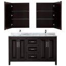 Wyndham Daria 60" Double Bathroom Vanity In Dark Espresso White Carrara Marble Countertop Undermount Square Sink and Medicine Cabinet WCV252560DDECMUNSMED