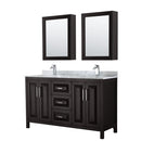 Wyndham Daria 60" Double Bathroom Vanity In Dark Espresso White Carrara Marble Countertop Undermount Square Sink And Medicine Cabinet WCV252560DDECMUNSMED