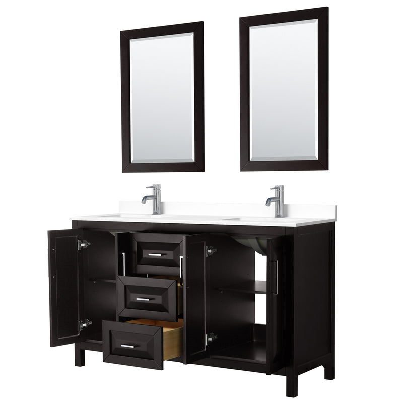 Wyndham Daria 60" Double Bathroom Vanity In Dark Espresso White Cultured Marble Countertop Undermount Square Sinks and 24" Mirrors WCV252560DDEWCUNSM24