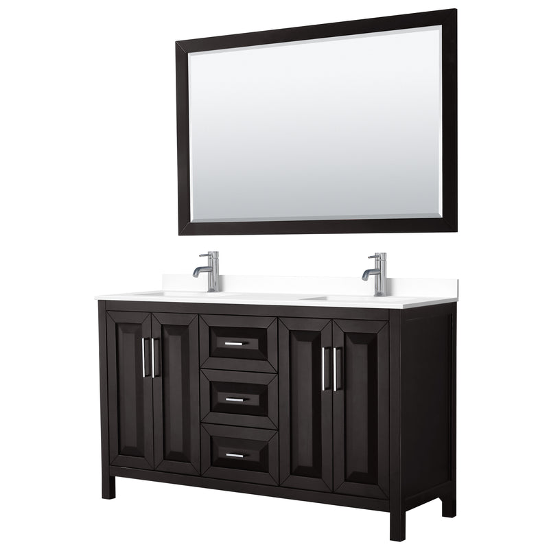 Wyndham Daria 60" Double Bathroom Vanity In Dark Espresso White Cultured Marble Countertop Undermount Square Sinks And 58" Mirror WCV252560DDEWCUNSM58