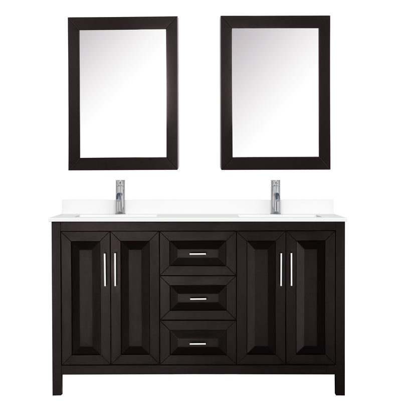 Wyndham Daria 60" Double Bathroom Vanity In Dark Espresso White Cultured Marble Countertop Undermount Square Sinks and Medicine Cabinets WCV252560DDEWCUNSMED