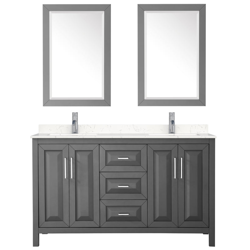 Wyndham Daria 60" Double Bathroom Vanity In Dark Gray Light-Vein Carrara Cultured Marble Countertop Undermount Square Sinks and 24" Mirrors WCV252560DKGC2UNSM24