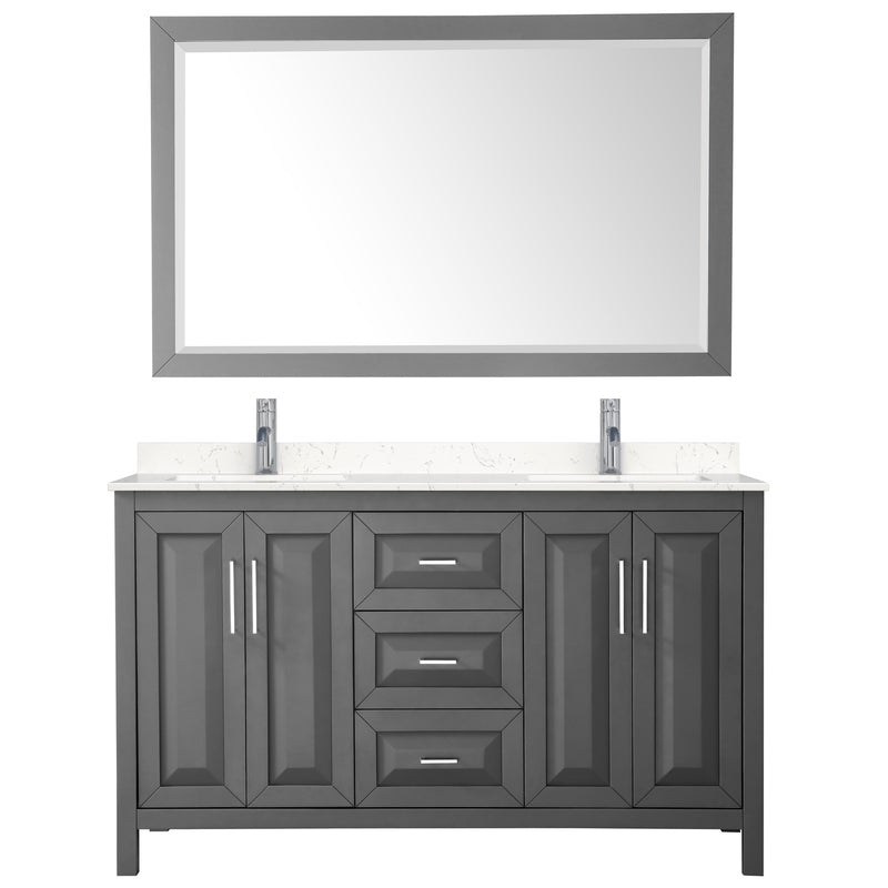 Wyndham Daria 60" Double Bathroom Vanity In Dark Gray Light-Vein Carrara Cultured Marble Countertop Undermount Square Sinks and 58" Mirror WCV252560DKGC2UNSM58