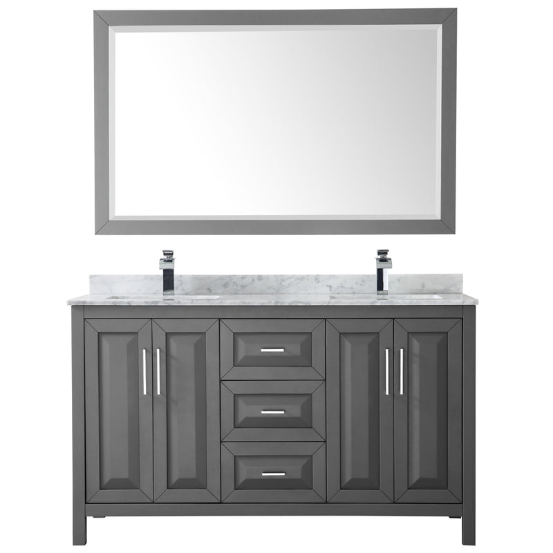 Wyndham Daria 60" Double Bathroom Vanity In Dark Gray White Carrara Marble Countertop Undermount Square Sink and 58" Mirror WCV252560DKGCMUNSM58