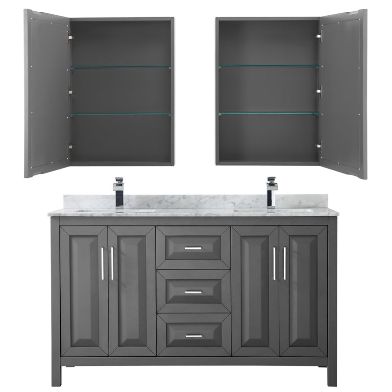 Wyndham Daria 60" Double Bathroom Vanity In Dark Gray White Carrara Marble Countertop Undermount Square Sink and Medicine Cabinet WCV252560DKGCMUNSMED