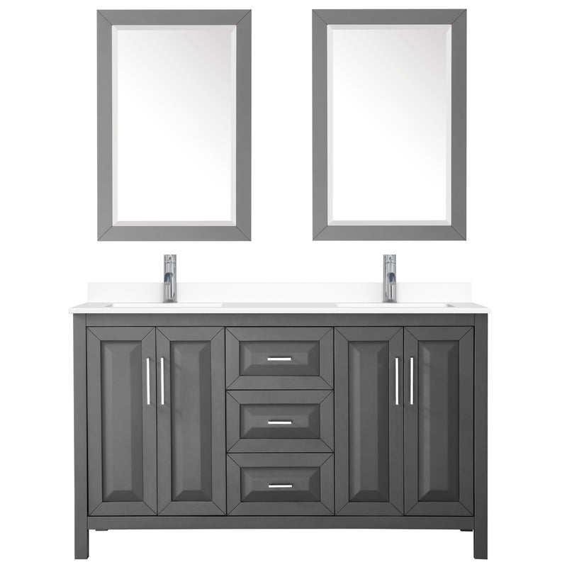 Wyndham Daria 60" Double Bathroom Vanity In Dark Gray White Cultured Marble Countertop Undermount Square Sinks and 24" Mirrors WCV252560DKGWCUNSM24