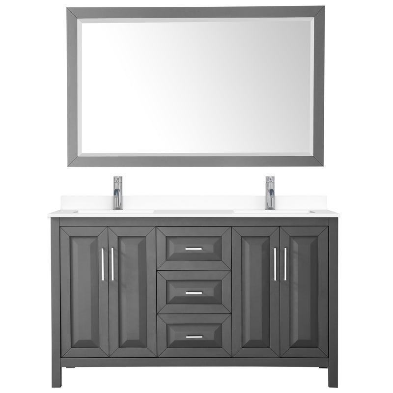 Wyndham Daria 60" Double Bathroom Vanity In Dark Gray White Cultured Marble Countertop Undermount Square Sinks and 58" Mirror WCV252560DKGWCUNSM58