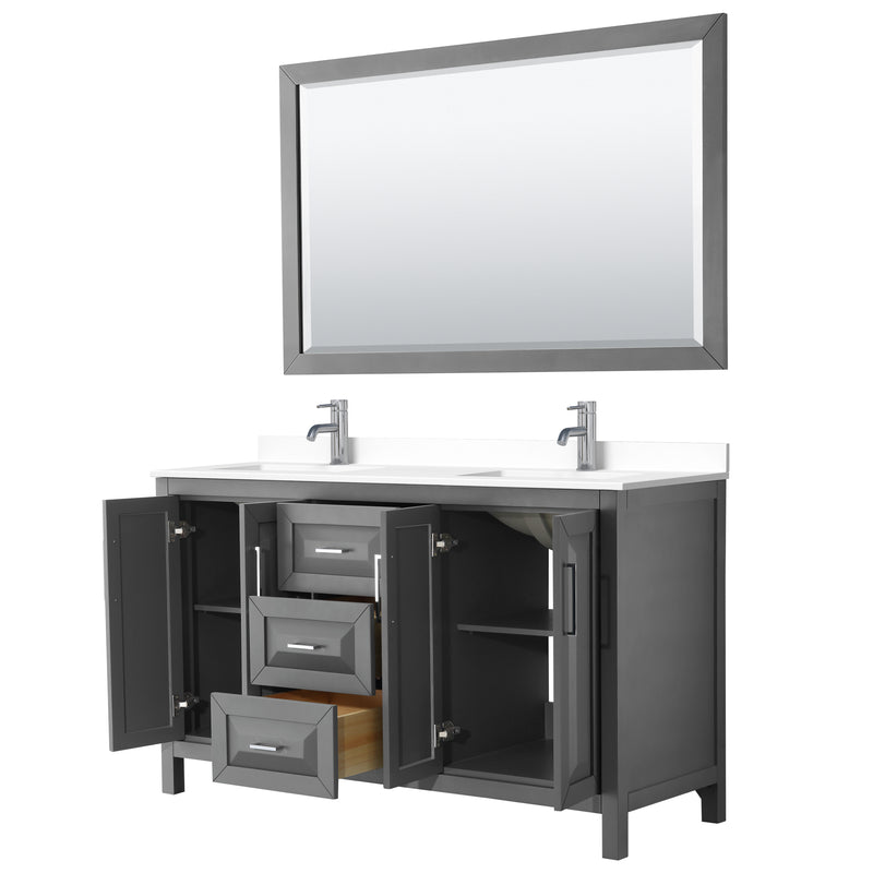 Wyndham Daria 60" Double Bathroom Vanity In Dark Gray White Cultured Marble Countertop Undermount Square Sinks and 58" Mirror WCV252560DKGWCUNSM58