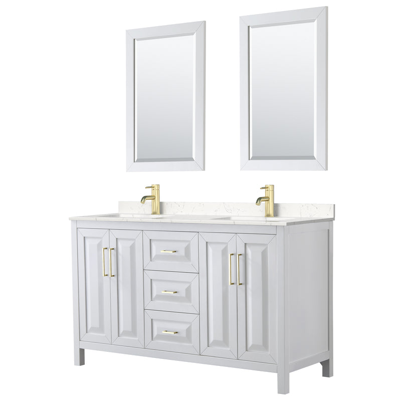 Wyndham Daria 60" Double Bathroom Vanity In White Light-Vein Carrara Cultured Marble Countertop Undermount Square Sinks Brushed Gold Trims And 24" Mirrors WCV252560DWGC2UNSM24