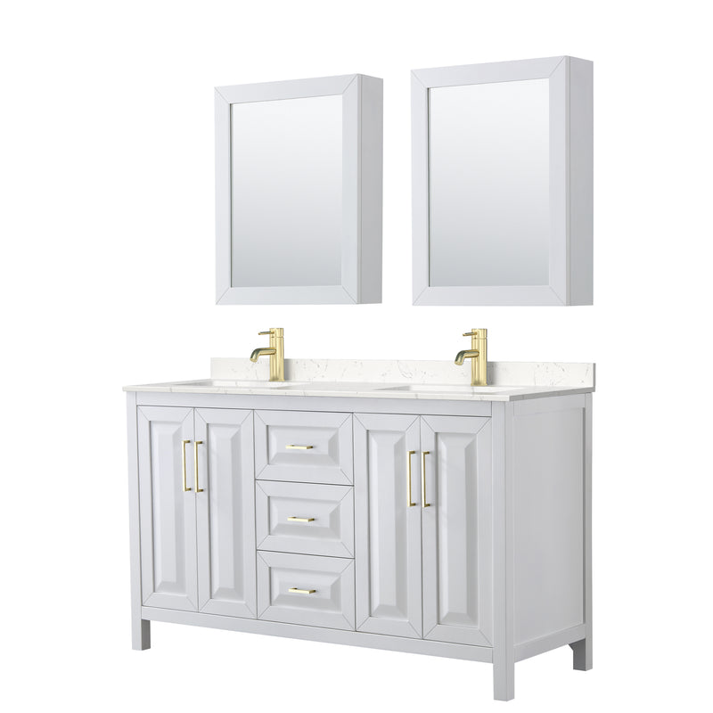 Wyndham Daria 60" Double Bathroom Vanity In White Light-Vein Carrara Cultured Marble Countertop Undermount Square Sinks Brushed Gold Trims And Medicine Cabinets WCV252560DWGC2UNSMED